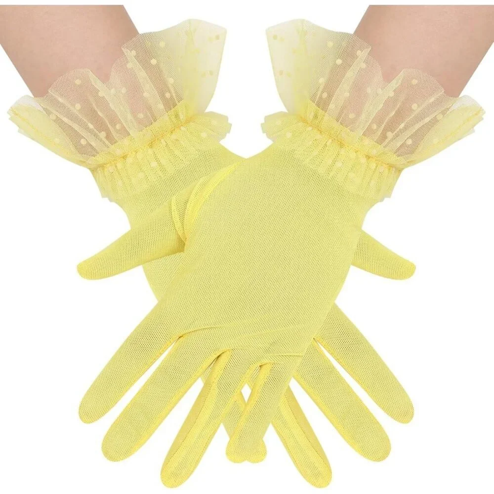 Women's Short Lace Yellow Tulle Sheer Mesh Tea Party Prom Gloves Banquet Costume